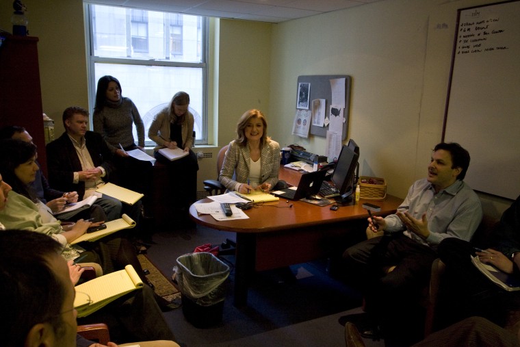 Arianna  Huffington meets with the staff of The Rachel Maddow show in preparation for guest hosting the show Monday, November 17, 2008.
